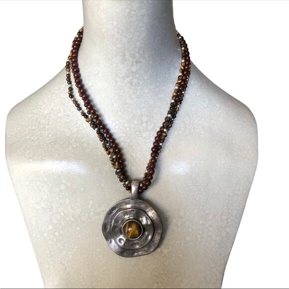 Vintage Premier Designs Eye Tiger Silver Tone Brown Beaded Medallion Necklace - Picture 5 of 10